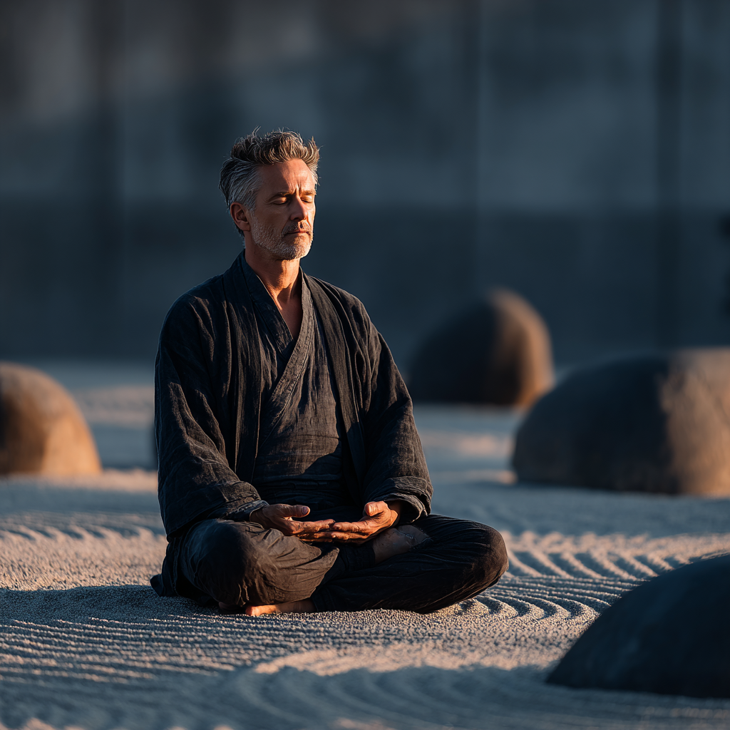 Hombre de 58 años meditando en posición de loto en un jardín zen, expresión serena y ojos cerrados