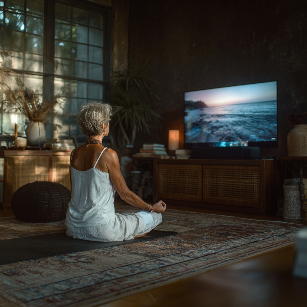 Mujer de 60 años practicando yoga en su sala frente a computadora, siguiendo clase online de quarnidush