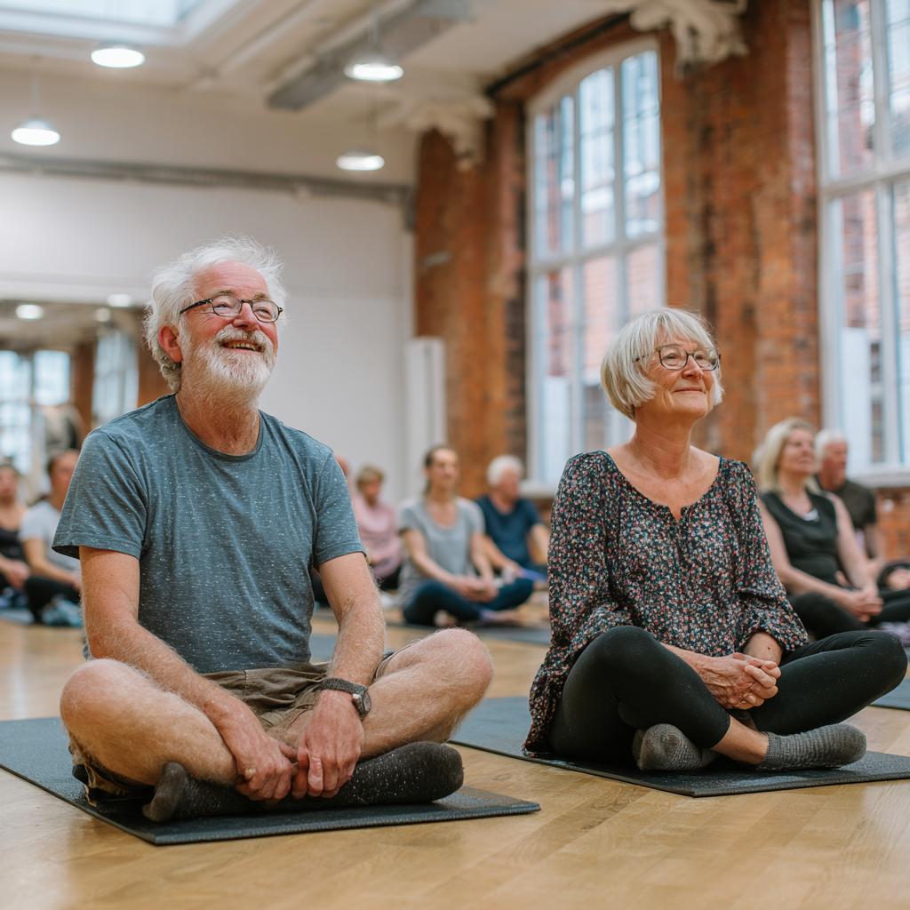 Pareja de 52 y 56 años practicando yoga juntos en clase grupal, ambiente relajado y luminoso